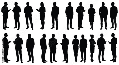 A collection of diverse silhouettes of people in business attire standing