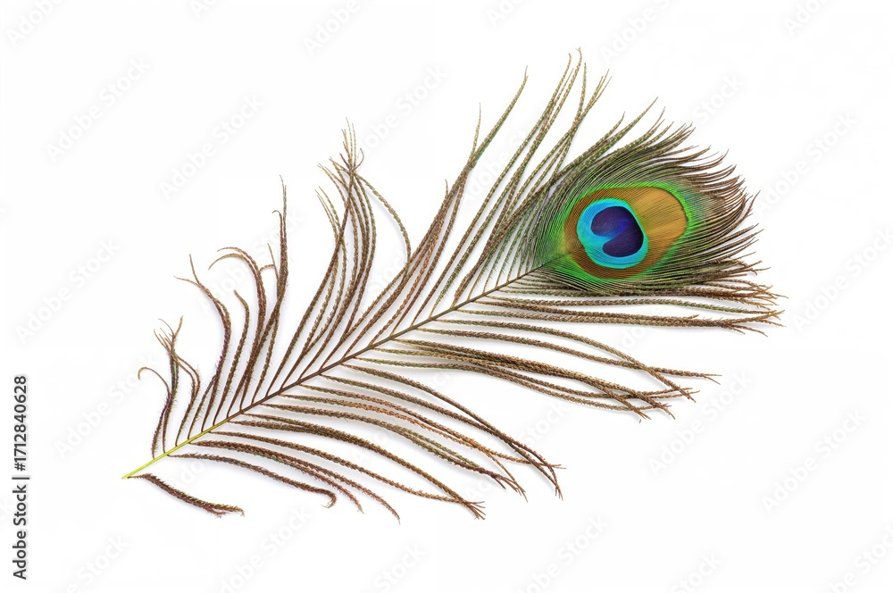 Obraz premium Colorful peacock plume against a white backdrop. Festival theme.