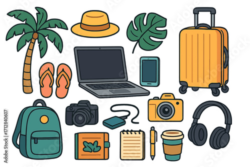 Digital nomad travel essentials icon set. Summer vacation and remote work lifestyle concept. Vector cartoon illustration of luggage, laptop, camera, passport and beach items.