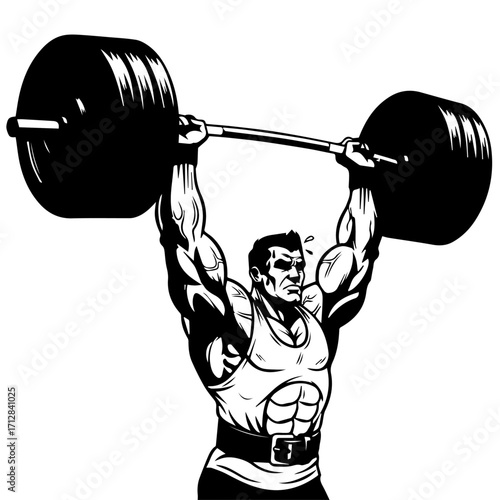 Muscular Weightlifter Performing Overhead Press with Heavy Barbell Intense Effort.