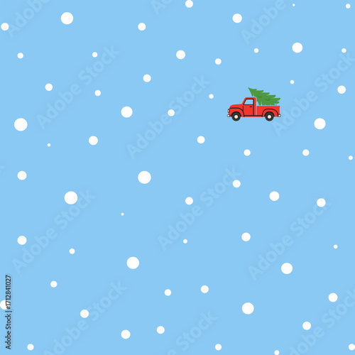 Seamless festive pattern with red vintage truck carrying Christmas tree in snowy sky. Perfect for winter holidays, gift wrap, textiles, greeting cards, posters, packaging, and digital designs.