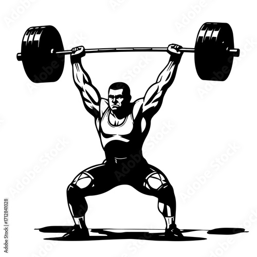 Muscular Weightlifter Performing Overhead Squat with Heavy Barbell in Black and White.