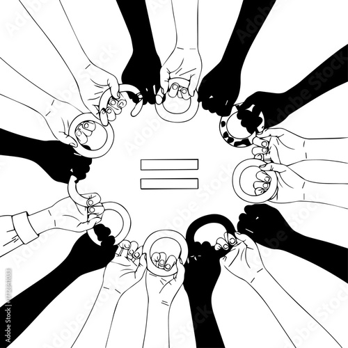 Diverse Hands Holding Handcuffs Around Equality Symbol Unity Concept.