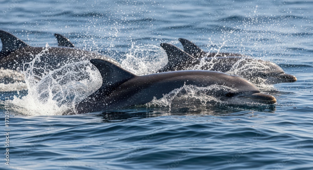 Fototapeta premium Ocean Dolphins Swimming and Leaping Through Blue Water