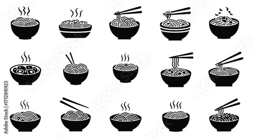 Various black and white icons depicting bowls of ramen and noodles