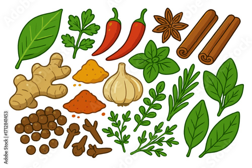 Herbs and spices vector icon set. Cooking ingredients collection. Healthy food. Cinnamon, chili, garlic, ginger, basil, anise, parsley. Cartoon culinary seasoning illustration.