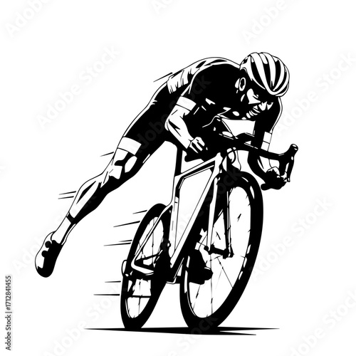 Dynamic Black and White Illustration of a Cyclist Racing on Bicycle.