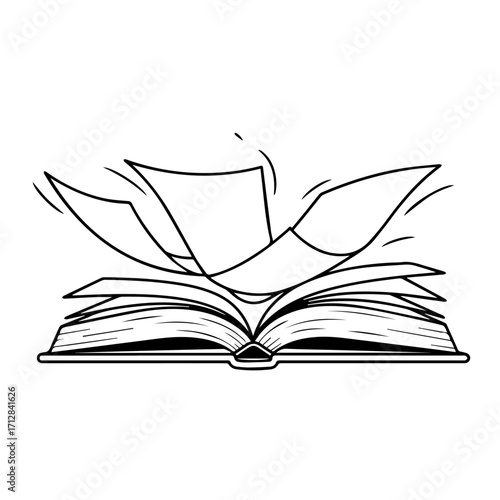 Open Book with Pages Flying Upward Black and White Line Art.