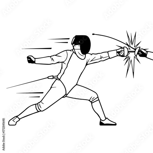 Dynamic Black and White Illustration of a Fencer in Action Thrusting Sword.