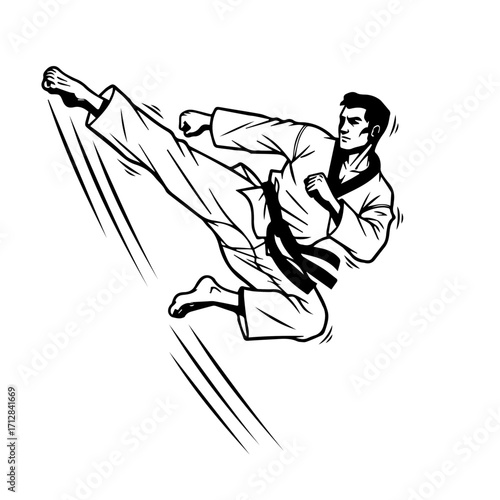 Dynamic Black and White Illustration of a Martial Arts Practitioner Performing a High Kick.