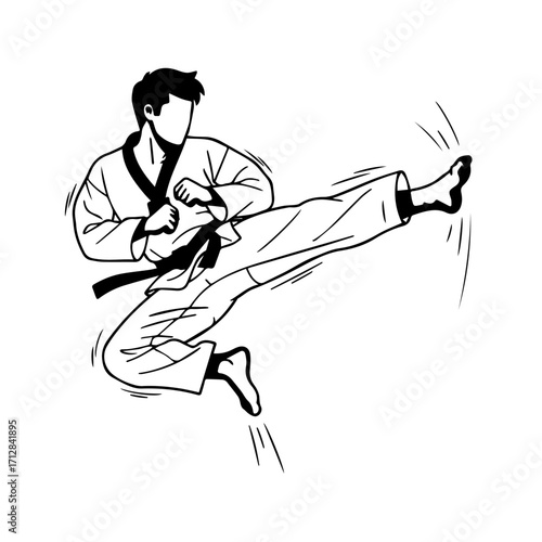 Dynamic Black and White Illustration of a Taekwondo Practitioner Performing a High Kick 1.