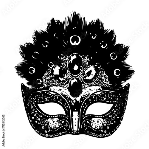 Ornate black and white Venetian masquerade mask with elaborate peacock feathers and sparkling jewels.
