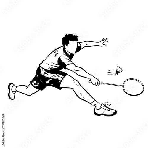 Dynamic Black and White Illustration of Badminton Player in Action Hitting Shuttlecock 1.
