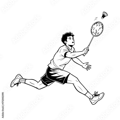 Dynamic Black and White Illustration of Badminton Player in Action Leaping to Strike Shuttlecock.