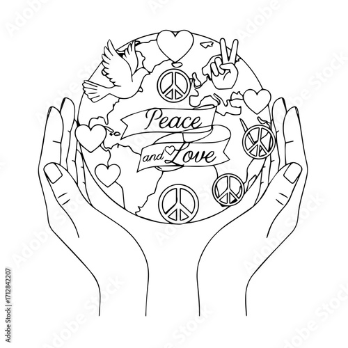 Outlined Hands Holding Earth Globe with Peace Symbols Doves and Hearts.