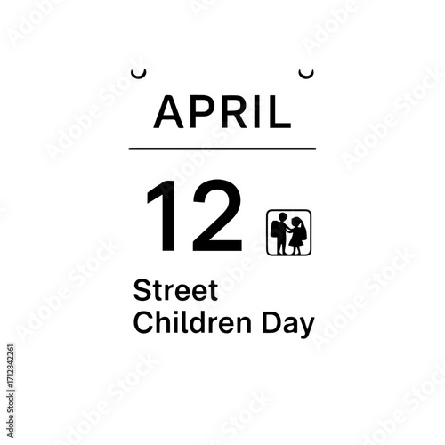 Simple Black and White Calendar Page Highlighting Street Children Day on April 12th.