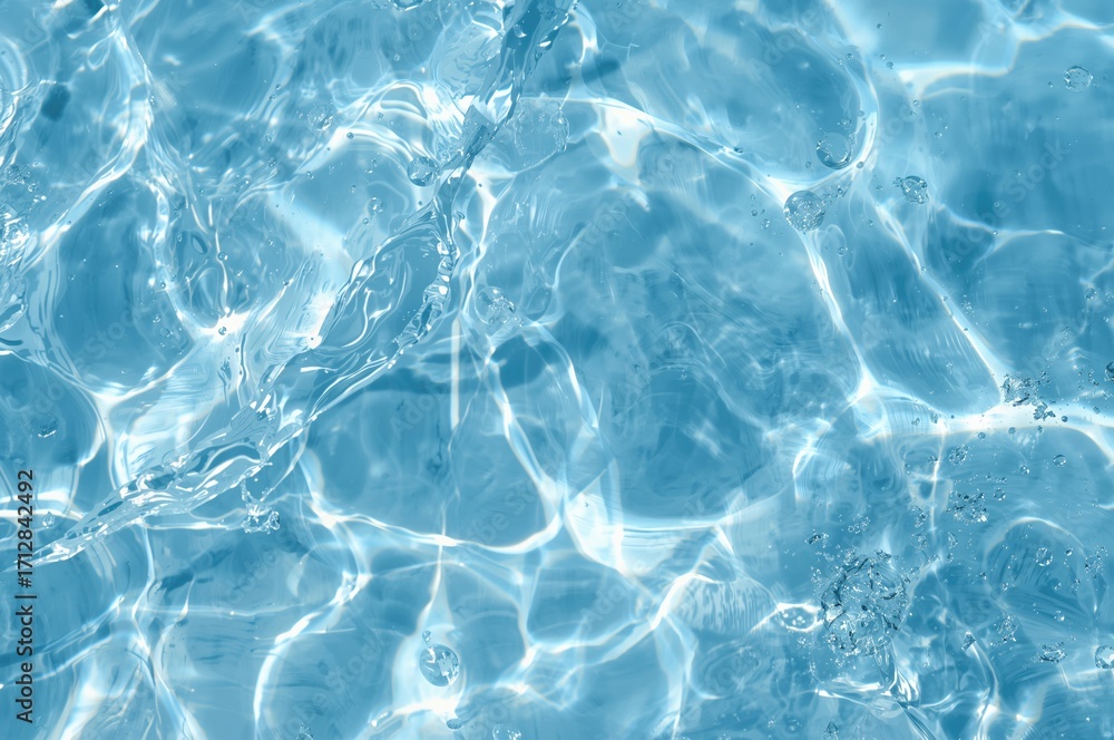 Fototapeta premium Clear blue water texture featuring ripples, bubbles, and splashes under sunlight with space for text