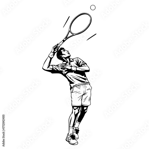 Dynamic Black and White Illustration of Tennis Player Serving the Ball 1.