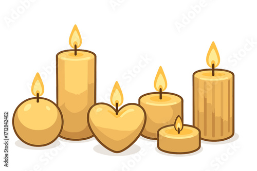 Vector cartoon illustration of various decorative candles. Set includes a heart for love. Glowing warm light for relaxation, ambiance, meditation, spa, and hygge concepts.