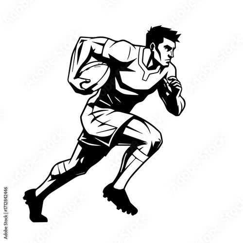 Dynamic Black and White Rugby Player Running with the Ball Strong Physique.