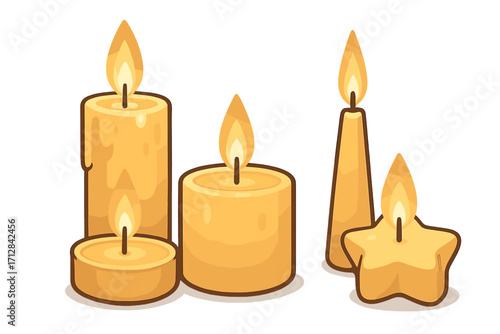Vector cartoon set of various burning candles. Decorative warm glowing light for cozy ambiance and relaxation. Spa aromatherapy, spiritual meditation, romantic celebration icon.