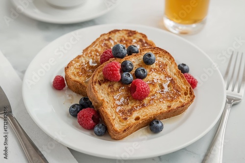 Dish of golden French toast topped with assorted fresh berries