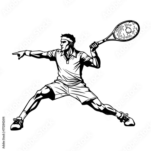 Dynamic Black and White Tennis Player Serving with Racket and Athletic Pose.