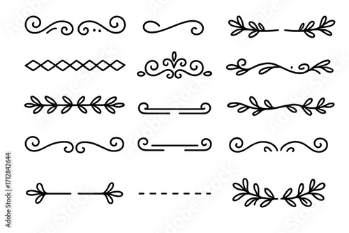 Hand drawn dividers set for design projects. Decorative borders and calligraphic flourish ornaments. Line art elements for invitation or wedding. Vector page decoration and text separator.