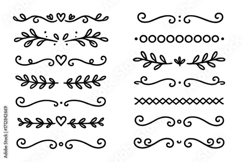 Set of hand drawn text dividers and borders. Ornate calligraphic lines collection with hearts and leaves. Vintage vector flourishes and doodle separators for graphic design.