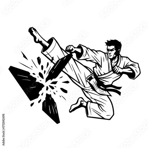 Dynamic Karate Practitioner Performing High Kick Breaking Board Black and White Illustration.
