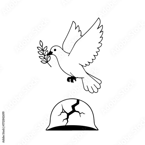 Simple Black and White Dove of Peace Flying with Olive Branch Above Cracked Helmet.