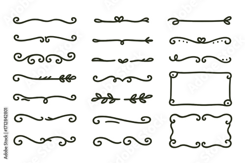 Hand drawn dividers and frames collection. Doodle calligraphic lines, borders, and ornaments. Vector decorative design elements set for text separation and vintage flourishes.