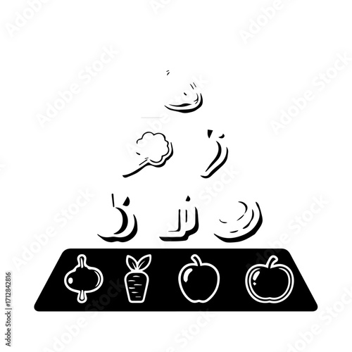 Simple Line Drawing of Various Food Items and Beverages on a Black Background.
