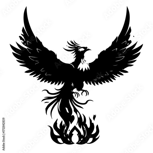 Silhouette of a Mythical Phoenix Rising with Outstretched Wings and Flames.
