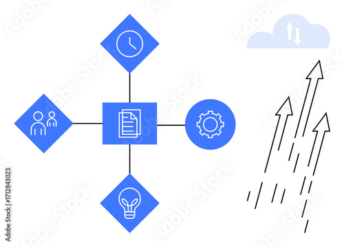 Central document linked to teamwork, clock, idea bulb, and gear icons. Cloud and upward arrows signify progress and data exchange. Ideal for productivity, innovation, collaboration, time management