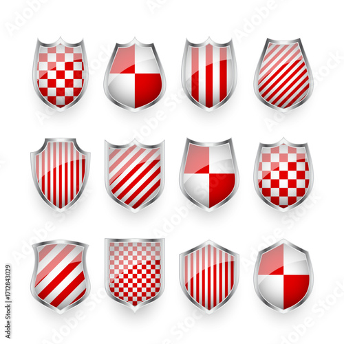 Glossy shields with red and black white. Security and protection concept. Cyber safety icons, internet privacy, web defense, digital data protection and antivirus themes. Vector illustration