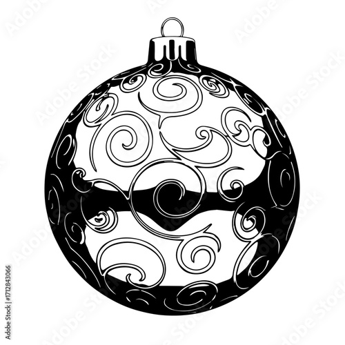 Decorative Christmas ornament with intricate swirling patterns in black and white.