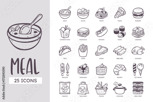 Everyday Meal Icon Set. Type of food: dessert, snacks, food menu. 25 cute hand-drawn line art style. Vector illustration.