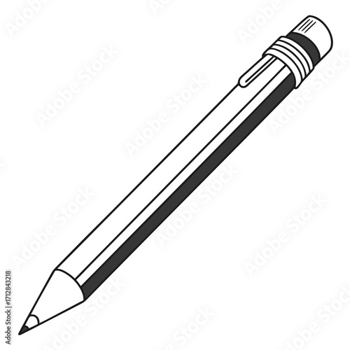 A simple black and white line drawing illustration of a sharpened pencil with an eraser and metal ferrule on a white background