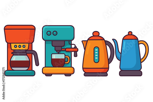 Set of coffee and tea making equipment. Drip coffee maker, espresso machine, electric kettle and pot vector icons. Kitchen appliances for hot beverages. Flat cartoon style.