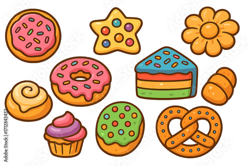 Cartoon baked goods set. Cute vector food illustration collection. Pastry, donut, cake, cupcake, pretzel, cookie icons. Sweet dessert assortment with colorful icing.