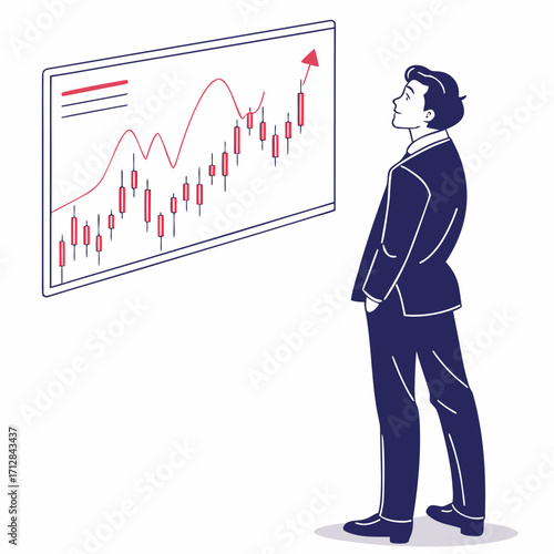 Businessman observing a positive financial stock market trend chart with an upward arrow and candlestick graph