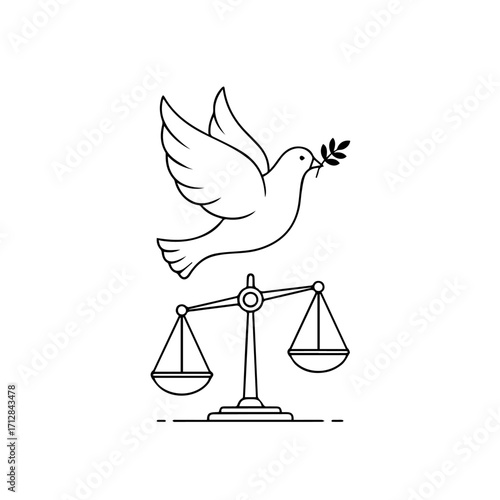 Minimalist Line Drawing of a Dove with Olive Branch and Scales of Justice.