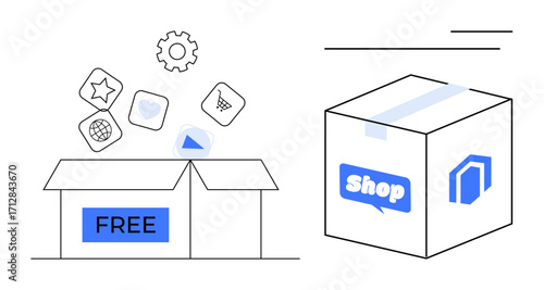 Open box with icons for digital tools thumbs up gear, star, and play button beside a sealed package with branding. Ideal for e-commerce, solutions, service, marketing, technology, branding