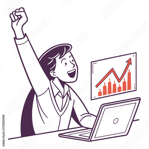 Excited businessman celebrating success with a rising stock market graph on his laptop screen