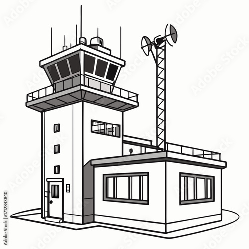 Illustration of a modern air traffic control tower with communication equipment and windows