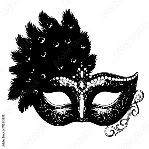 Elegant Black and White Masquerade Mask with Peacock Feather Embellishment.