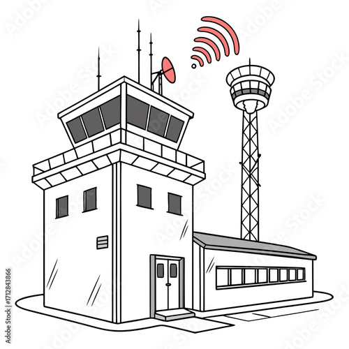 Illustration of an air traffic control tower and a separate building with radio waves emanating from the tower