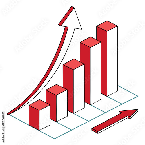 Isometric 3d bar chart showing upward trend with red arrow indicating growth and success