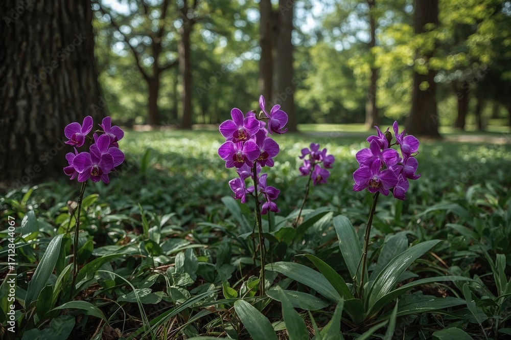 Fototapeta premium Violet orchids blooming in a garden setting